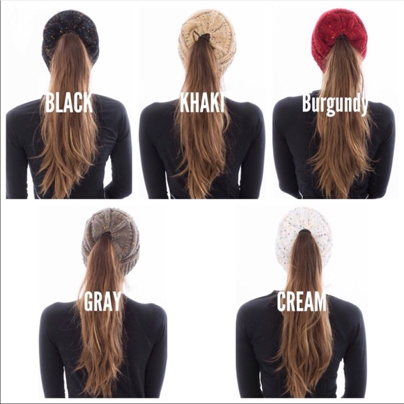 Messy Bun or Ponytail Khaki Confetti Beanie - Picture 2 of 3